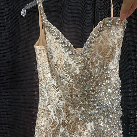 Terani Couture Sunburst Rhinestone & Lace Gold Cream Tan Cocktail Pageant Dress - Picture 5 of 16